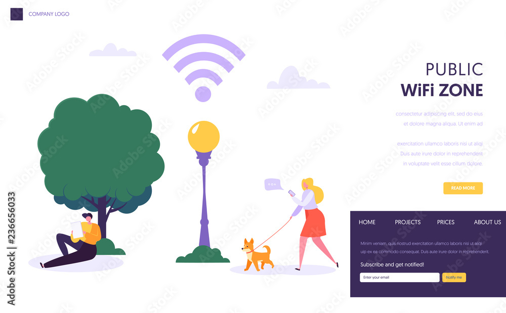 Poster wifi wireless network landing page template. public wi-fi zone in park with characters using mobile 