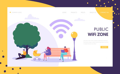 Naklejka premium Wifi wireless network landing page template. Public wi-fi zone in park with characters using mobile devices for website or web page. Vector illustration
