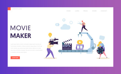 Making Movie, Video Production landing page template. Characters Shooting Film, Motion Picture Camera for website or web page. Vector illustration