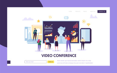 Obraz na płótnie Canvas Video conference landing page template. Business People characters communication webinar, online education for website or web page. Vector illustration