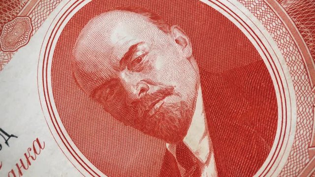 Vladimir Lenin portrait on Russia rouble (1937) banknote rotating. Russian communist revolutionary, politician and marxism theorist, leader of Russian revolution 1917.  4K UHD video footage