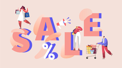 Big sale poster with customers and shopping bags. Man and woman characters on discount event for banner, ads, promotion flyer. Vector illustration