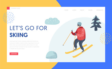 Ski Resort Winter Holidays Landing Page Template. Active Man Character Skiing in Mountains for Website or Web Page. Outdoor Activities Concept. Vector illustration