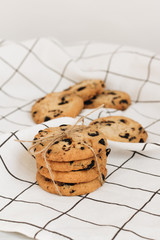 Delicious homemade chocolate crisp cookies on cloth 