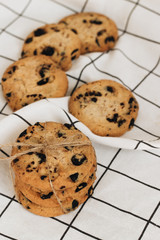 Delicious homemade chocolate crisp cookies on cloth 