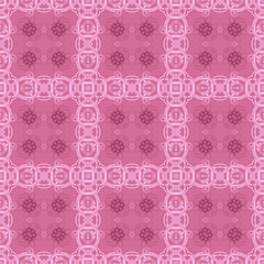 Seamless pattern from circular and square abstract floral ornaments in pink colors on a rose background. Vector illustration. Suitable for fabric, wallpaper and wrapping paper