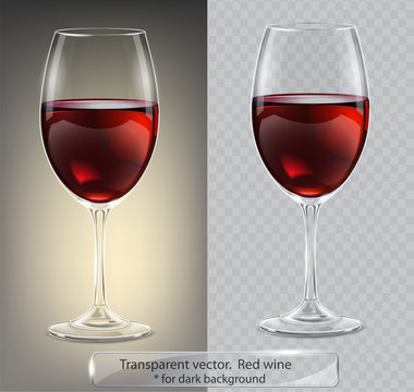 Transparent vector wineglass with red wine. For dark background