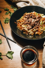 Delicious spicy noodles with meat in pot, traditional Aisan food