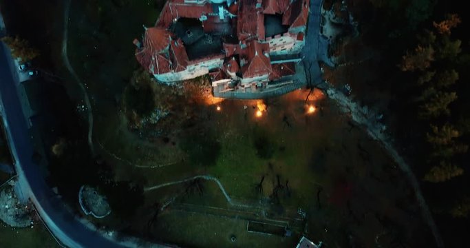 Castle on the mountain. View from above. Dawn. Dusk.
