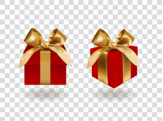 Front view of set of two closed Red gift boxes bandaged with golden elegant bows with knots. Objects or icons isolated on transparent background. Realistic vector illustration.