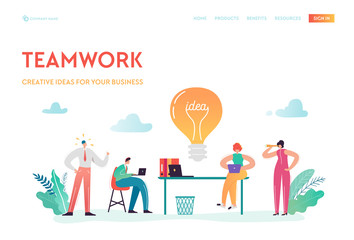 Teamwork, Business Solutions Landing Page Template. Business People Characters Team Working on Creative Project for Website or Web Page. Vector illustration