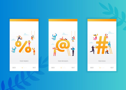 Social Networking Onboarding Screens Template. People Characters Using Smartphone And Laptop For Social Media For Mobile App Design Or Website. Vector Illustration