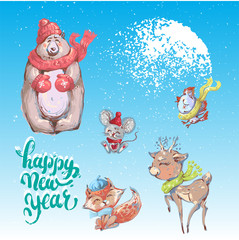 Cute animals in warm hat and scarf. Vector illustration of a bear, fox, deer and birds. Suitable for Christmas greeting cards and New Year decorations