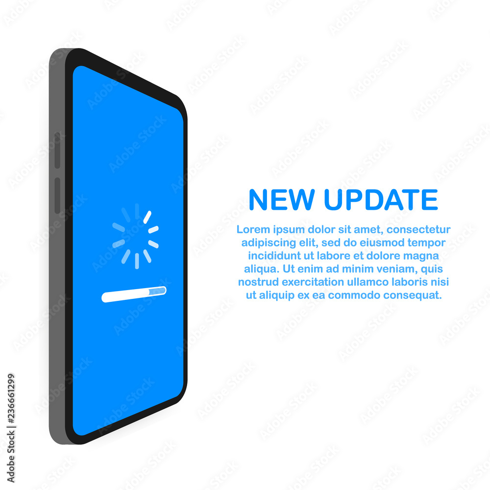 Poster system software update, data update or synchronize with progress bar on the screen. vector illustrat
