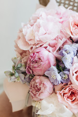 Beautiful spring bouquet with tender pink and blue hydrangea flowers
