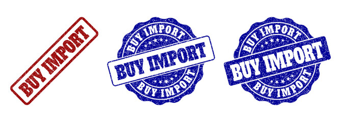 Obraz premium BUY IMPORT scratched stamp seals in red and blue colors. Vector BUY IMPORT labels with draft surface. Graphic elements are rounded rectangles, rosettes, circles and text labels.