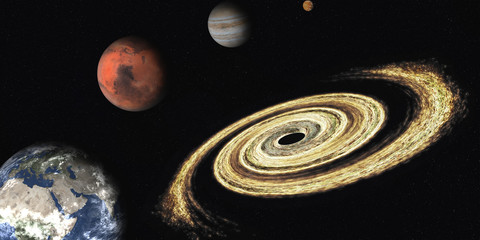 Black hole near solar syatem planets Earth, Mars, Saturn and Venus. Elements of this image were...