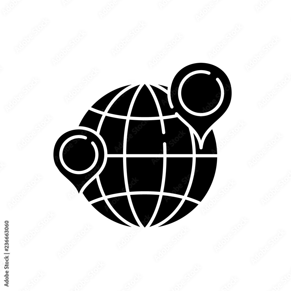 Poster globe with pointers black icon, concept vector sign on isolated background. globe with pointers illu
