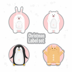 Christmas gift tags template set. Vector printable xmas box or letter labels design. Penguin, bear, rabbit, gingerbread