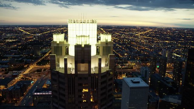 Aerial sunset view of downtown city skyscrapers Chicago Illinois US