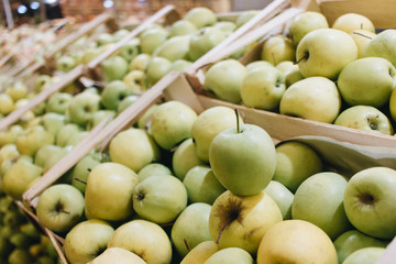 Pile of fresh ripe green apples in boxes at market