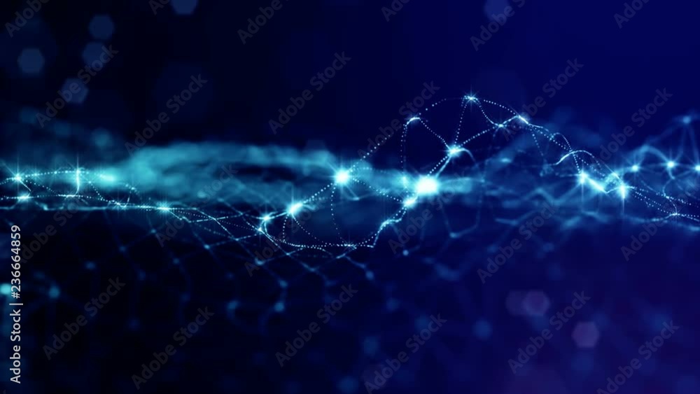 Poster luminous particles like christmas lights hanging in the air, flying and forming abstract shapes and 