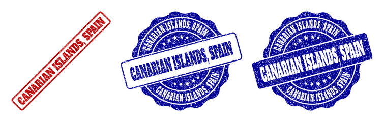 CANARIAN ISLANDS, SPAIN grunge stamp seals in red and blue colors. Vector CANARIAN ISLANDS, SPAIN overlays with grunge texture. Graphic elements are rounded rectangles, rosettes,