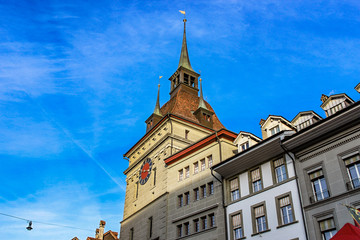 Fototapeta na wymiar The Zytglogge is a landmark medieval tower in Bern, Switzerland. Built in the early 13th century, it has served the city as guard tower, prison, clock tower, centre of urban life and civic memorial.