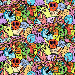Funny doodle monsters seamless pattern for prints, designs and coloring books