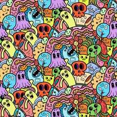 Funny doodle monsters seamless pattern for prints, designs and coloring books