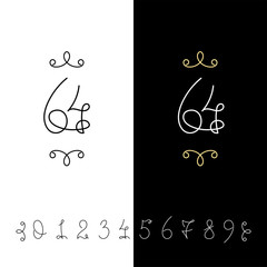 Set of vector calligraphy numbers from 0 to 9. Lined ornate monogram.