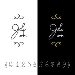 Set of vector calligraphy numbers from 0 to 9. Lined ornate monogram.