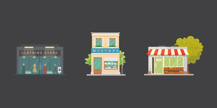 Shop store buildings vector illustrations set. Market exterior, restaurant. Vegetable store, pharmacy, boutique, urban front houses.