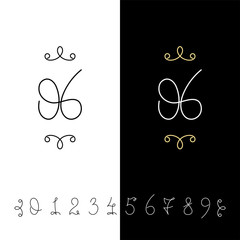 Set of vector calligraphy numbers from 0 to 9. Lined ornate monogram.