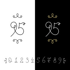 Set of vector calligraphy numbers from 0 to 9. Lined ornate monogram.