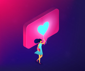 Businesswoman sharing content in social media with like. Personal brand, sharing content online, like for like and follow4follow concept. Ultraviolet neon vector isometric 3D illustration.