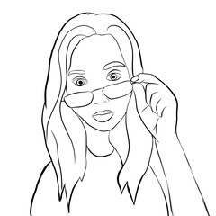 Girl in glasses, contour, sketch.