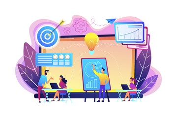 Company providing management training and office space. Business incubator, business training programs, shared administrative service concept. Bright vibrant violet vector isolated illustration