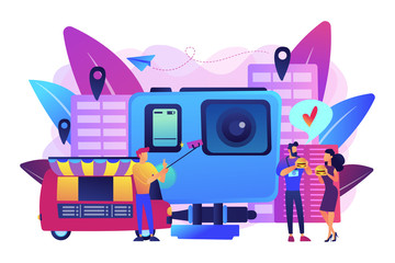 Tourists eat and like local cuisine, taking selfies and action camera. Culinary tourism, authentic food experience, food exploring tourism concept. Bright vibrant violet vector isolated illustration