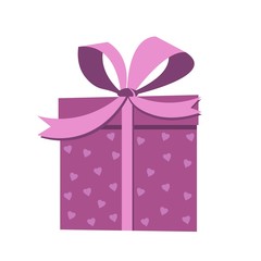Purple color gift box with little pink hearts. Vector illustration isolated on white.
