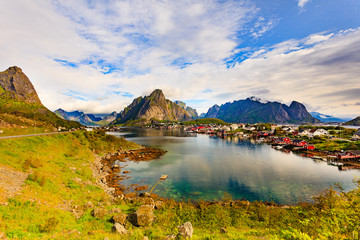 Naklejka premium Fjord and mountains landscape. Lofoten Norway