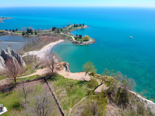 Great view at the lake Ontario from the cliff park. Sunny day green crystal calm water....