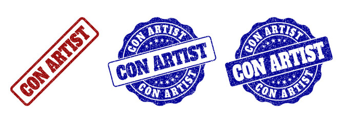CON ARTIST grunge stamp seals in red and blue colors. Vector CON ARTIST labels with grainy style. Graphic elements are rounded rectangles, rosettes, circles and text labels.