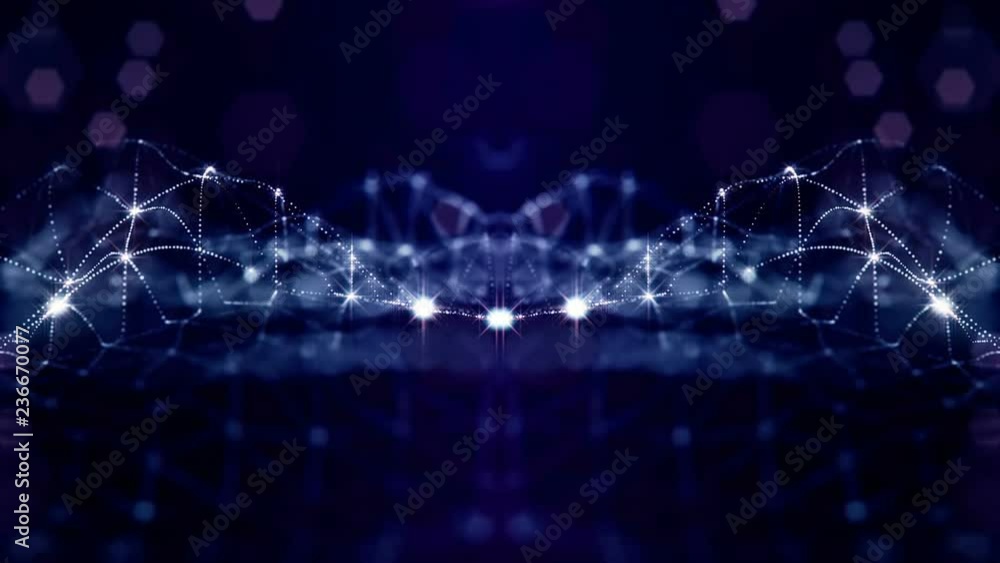 Poster luminous particles like christmas lights hanging in the air, flying and forming abstract shapes and 