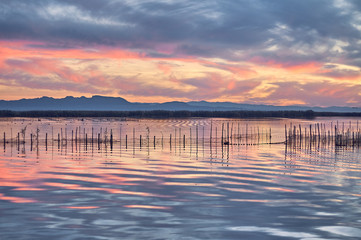 Sunset in the calm waters of the Albufera de Valencia, Spain.