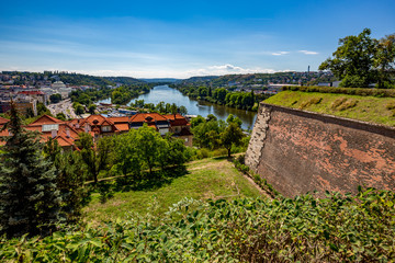 Fototapeta na wymiar Prague from above with full Vltava river. Amazing colorful summer cityscape with green grass, bushes and trees in the front, view from downtown public park