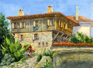 Fototapeta premium Watercolor illustration of the old town. Houses with tiled roofs.