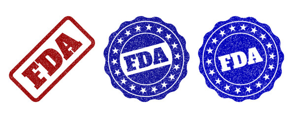 FDA grunge stamp seals in red and blue colors. Vector FDA watermarks with grunge style. Graphic elements are rounded rectangles, rosettes, circles and text labels.