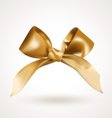 Golden elegant bow with knot isolated on white background. Realistic vector illustration.