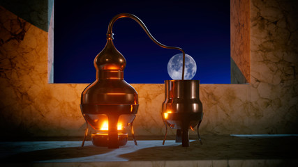 Copper alembic distiller 3d illustration - obrazy, fototapety, plakaty